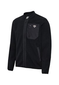 Black fleece jacket with a zippered front, ribbed collar, and a chest pocket in an accent fabric. Features side pockets and a logo detail.