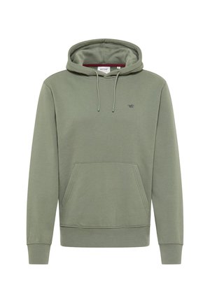 Grüne Kapuzenjacke mit frontaler Kängurutasche, Kapuze mit Kordelzug, gerippten Bündchen und kleinem Logo auf der linken Brust.