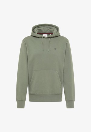 Zielona bluza z kapturem, z przednią kieszenią typu kangur, kapturem ze sznurkiem, ściągaczami na rękawach oraz małym logo na lewej piersi.