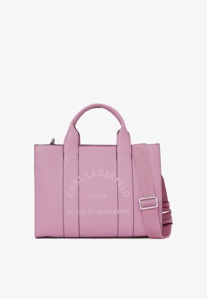 Saco tote rosa da Karl Lagerfeld com duas alças e correia de ombro ajustável, logótipo em relevo e morada no painel frontal.
