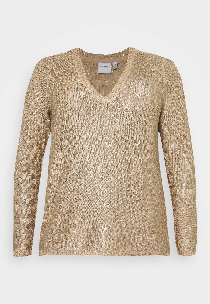 Goldener V-Ausschnitt-Pullover mit langen Ärmeln, locker gestrickt und mit verstreuten Pailletten für einen schimmernden Effekt.