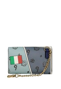 Portafoglio compatto in pelle texture blu e azzurro. Caratterizzato da bandiera italiana, motivi floreali, catena dorata e hardware in blu navy.