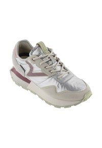 Light grey sneaker with mesh and suede materials, features pink accents, lace-up design, textured sole, and a padded collar.