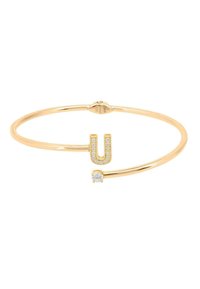 Bracciale rigido in tonalità oro con un design a forma di "U" decorato con strass trasparenti e una piccola pietra rotonda come accentuazione su un'estremità.