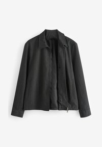 Veste noire à fines rayures avec fermeture éclair, col, manches longues et doublure intérieure lisse, présentée à plat sur fond blanc.