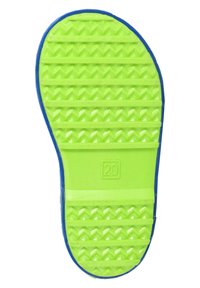 Semelle en caoutchouc avec une base vert vif et des bords bleus. Présente des motifs texturés pour adhérence, y compris des motifs en chevrons et des lignes horizontales.