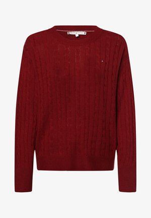 Punainen palmikkoneulepaidassa on pyöreä pääntie, ribbaatut hihansuut ja helma. Valmistettu pehmeästä villa-sekoitteesta, jossa on hienovarainen brändilogo.