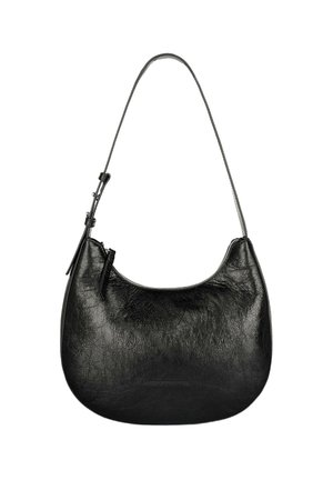 Black leather handbag with a smooth, textured finish, rounded shape, and a single shoulder strap. Features a zip closure.