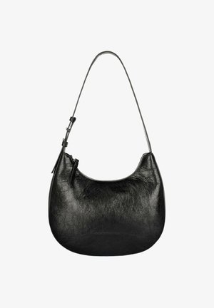 Black leather handbag with a smooth, textured finish, rounded shape, and a single shoulder strap. Features a zip closure.
