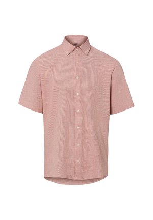 Chemise à manches courtes boutonnée avec un petit motif à carreaux rouges et blancs et un col classique sur fond blanc.