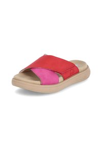 Slide sandal with red and pink suede upper, wide strap design, tan cushioned footbed, and textured rubber outsole for grip.