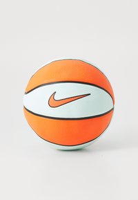 Nike basketball in light blue and vibrant orange, featuring textured surface, black accents, and a central logo.