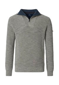 Grauer Strickpullover mit einem Viertelreißverschluss-Kragen. Verfügt über ein dunkelblaues Innenfutter sowie gerippte Bündchen und Saum. Strukturierten Stoff überall.