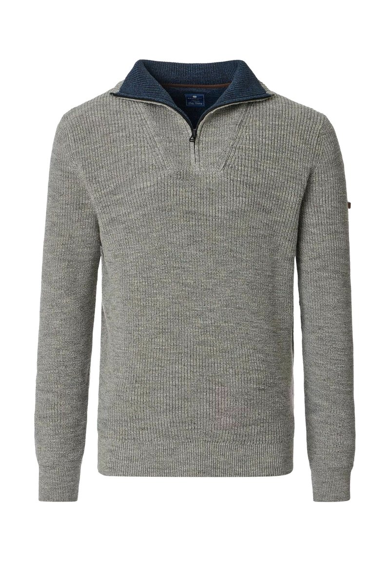 Grauer Strickpullover mit einem Viertelreißverschluss-Kragen. Verfügt über ein dunkelblaues Innenfutter sowie gerippte Bündchen und Saum. Strukturierten Stoff überall.
