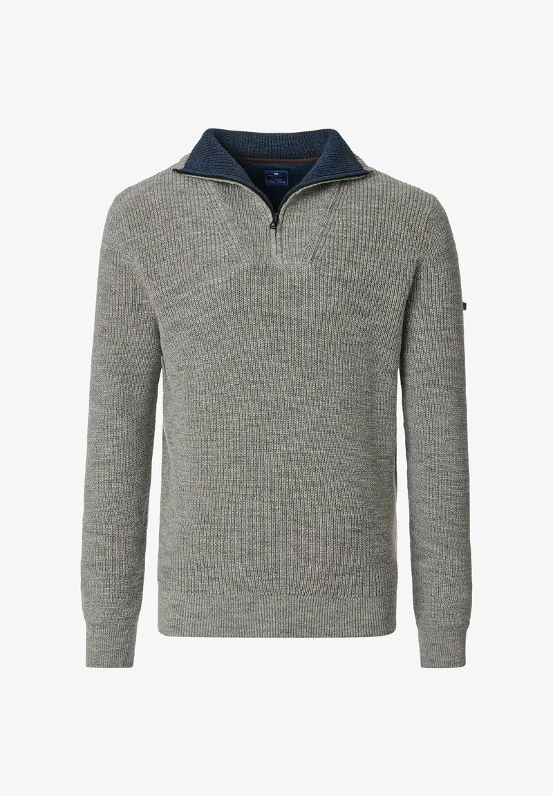 Grijze gebreide pullover met een kwart-rits kraag. Kenmerkt zich door een donkerblauwe binnenvoering en geribbelde manchetten en zoom. Gewaxt stof door het hele kledingstuk.