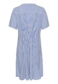 Abito a strisce blu e bianche con vita arricciata, maniche corte e vestibilità ampia. Realizzato in tessuto leggero, con una superficie liscia.