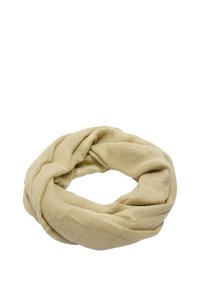 Dziany szalik typu infinity w jasnobeżowym kolorze z delikatnym połyskiem, charakteryzujący się miękką fakturą i designem z twistem, odpowiedni na różne okazje.