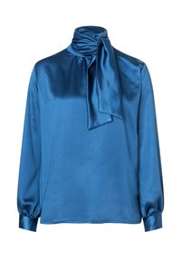 Blaue Satinbluse mit hohem Kragen und einer gebundenen Schal-Detail. Lange Ärmel mit gerafften Manschetten, glatte Textur und lockere Passform.