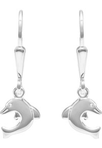 Silverfärgade delfinformade hängande örhängen med krokfästen, polerad slät yta och böjd delfindesign som vetter i motsatta riktningar.