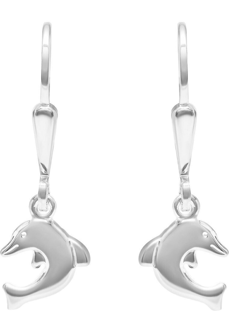 Silverfärgade delfinformade hängande örhängen med krokfästen, polerad slät yta och böjd delfindesign som vetter i motsatta riktningar.