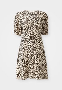 Leopard print dress made of lightweight fabric; features short puff sleeves, a V-neck, and a button-down front, with a flowing skirt.