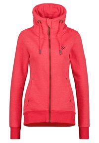 Coral zip-up hoodie with a high collar, drawstring adjustment, side pockets, ribbed cuffs, and hem; features a small heart logo.