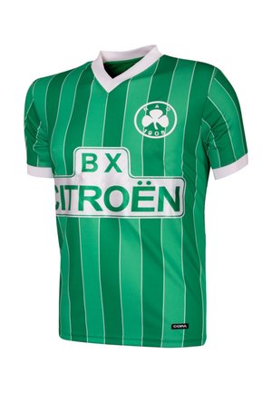 Groen voetbalshirt met verticale witte strepen. Voorzien van een witte V-hals, een logo en de tekst "BX CITROËN" in witte letters.