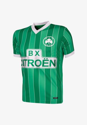 Groen voetbalshirt met verticale witte strepen. Voorzien van een witte V-hals, een logo en de tekst "BX CITROËN" in witte letters.