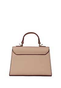 Borsa a tracolla in pelle rosa chiaro con un design strutturato, manico superiore e una patta pieghevole. Accentuata con bordi marroni scuri e dettagli in oro.