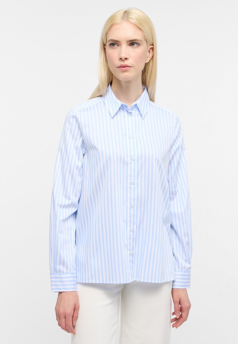 Light blue and white striped button-up shirt made of smooth fabric, featuring a classic collar and long sleeves with buttoned cuffs.
