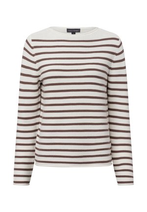 Gestreifter Langarm-Pullover mit Rundhalsausschnitt, der abwechselnd weiße und braune horizontale Streifen aufweist. Hergestellt aus strukturiertem Material.