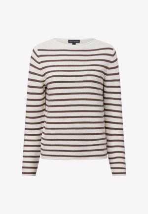 Pull à manches longues rayé avec un col rond, présentant des rayures horizontales blanches et marron alternées. Fabriqué en matière texturée.