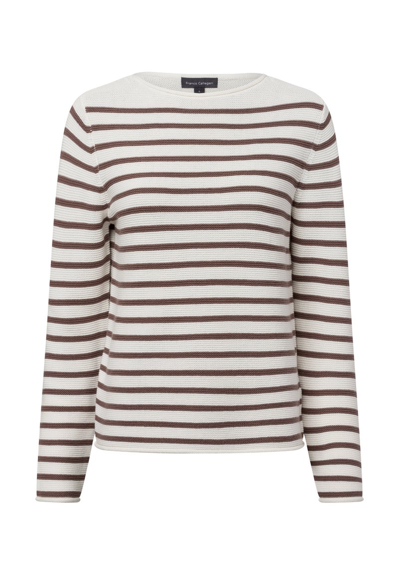 Gestreepte longsleeve trui met een ronde halslijn, voorzien van afwisselend witte en bruine horizontale strepen. Gemaakt van een gestructureerd materiaal.