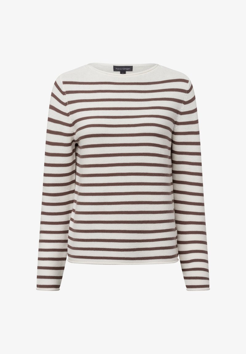 Gestreepte longsleeve trui met een ronde halslijn, voorzien van afwisselend witte en bruine horizontale strepen. Gemaakt van een gestructureerd materiaal.
