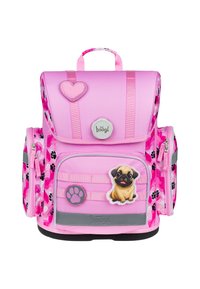 Růžový batoh s květinovým vzorem, nášivkou srdce, designem buldoka, přední kapsou na zip, bočními přihrádkami a šedými akcenty. Odolný materiál.