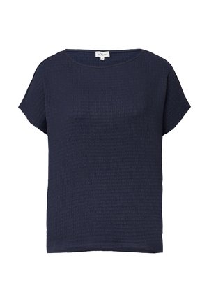 Donkerblauwe blouse met korte mouwen, textuur, ronde halslijn en relaxed pasvorm.