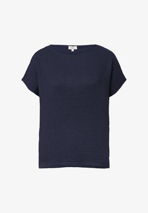 Donkerblauwe blouse met korte mouwen, textuur, ronde halslijn en relaxed pasvorm.