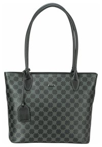 Schwarze Tragetasche aus strukturiertem Material mit geometrischem Muster, glatten Lederakzenten und doppelten Schultergurten.