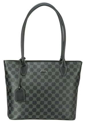 Schwarze Tragetasche aus strukturiertem Material mit geometrischem Muster, glatten Lederakzenten und doppelten Schultergurten.