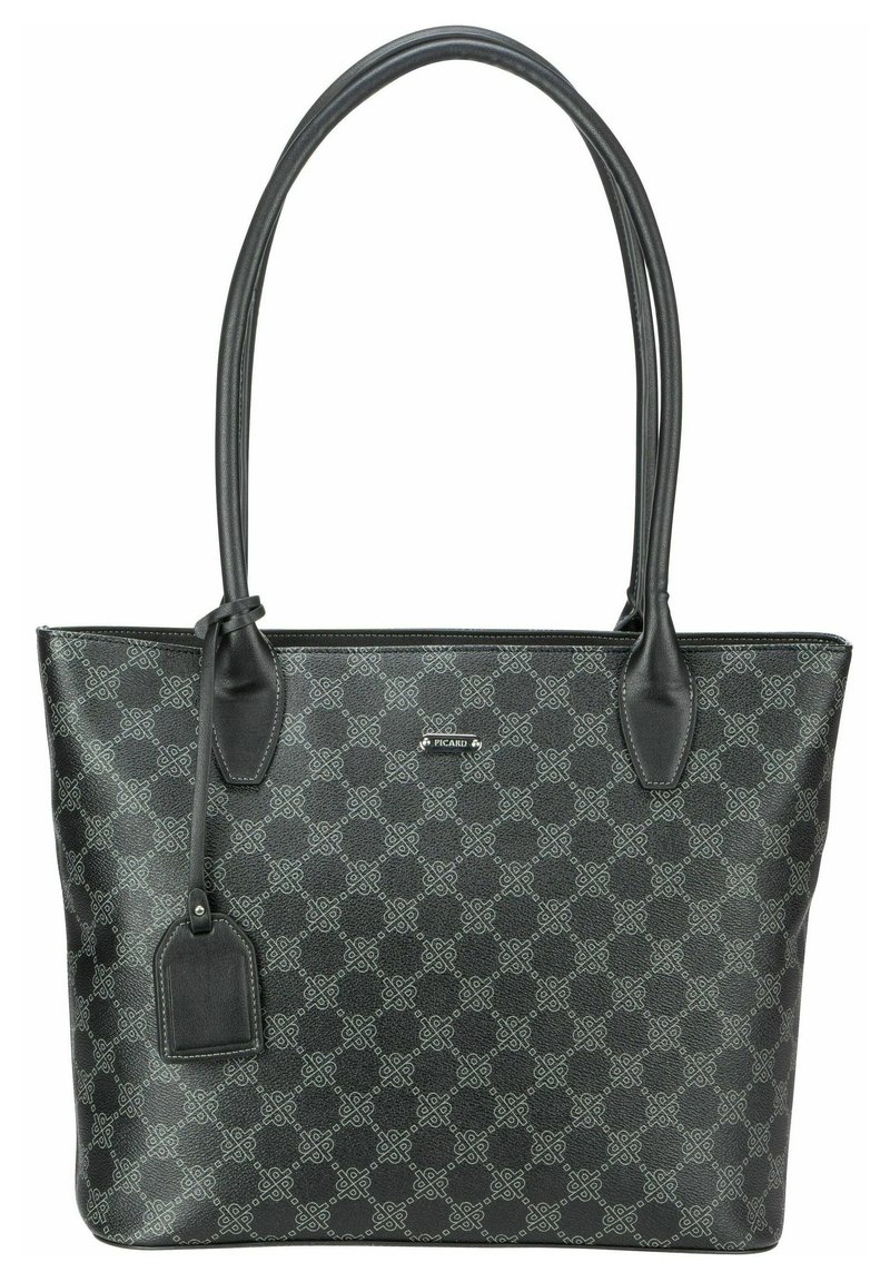 Schwarze Tragetasche aus strukturiertem Material mit geometrischem Muster, glatten Lederakzenten und doppelten Schultergurten.