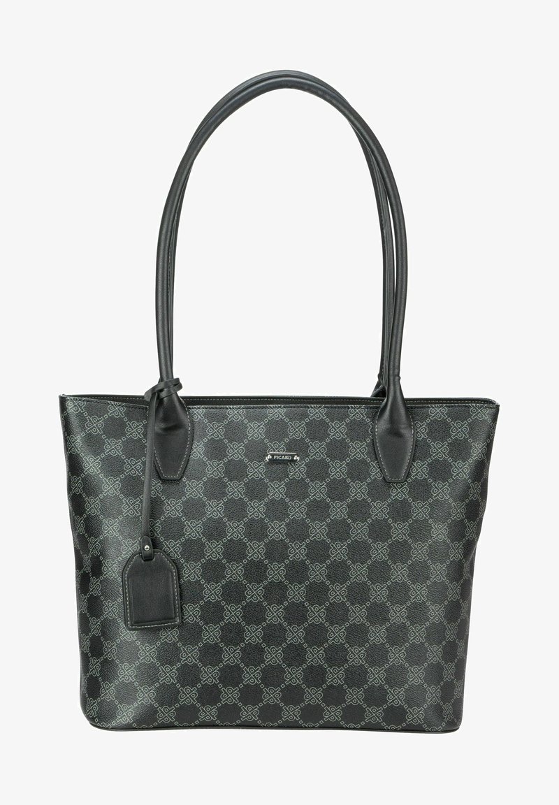 Schwarze Tragetasche aus strukturiertem Material mit geometrischem Muster, glatten Lederakzenten und doppelten Schultergurten.