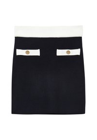 Mini gonna blu navy in un tessuto testurizzato, con una vita bianca e due tasche anteriori con patte bianche e bottoni dorati.