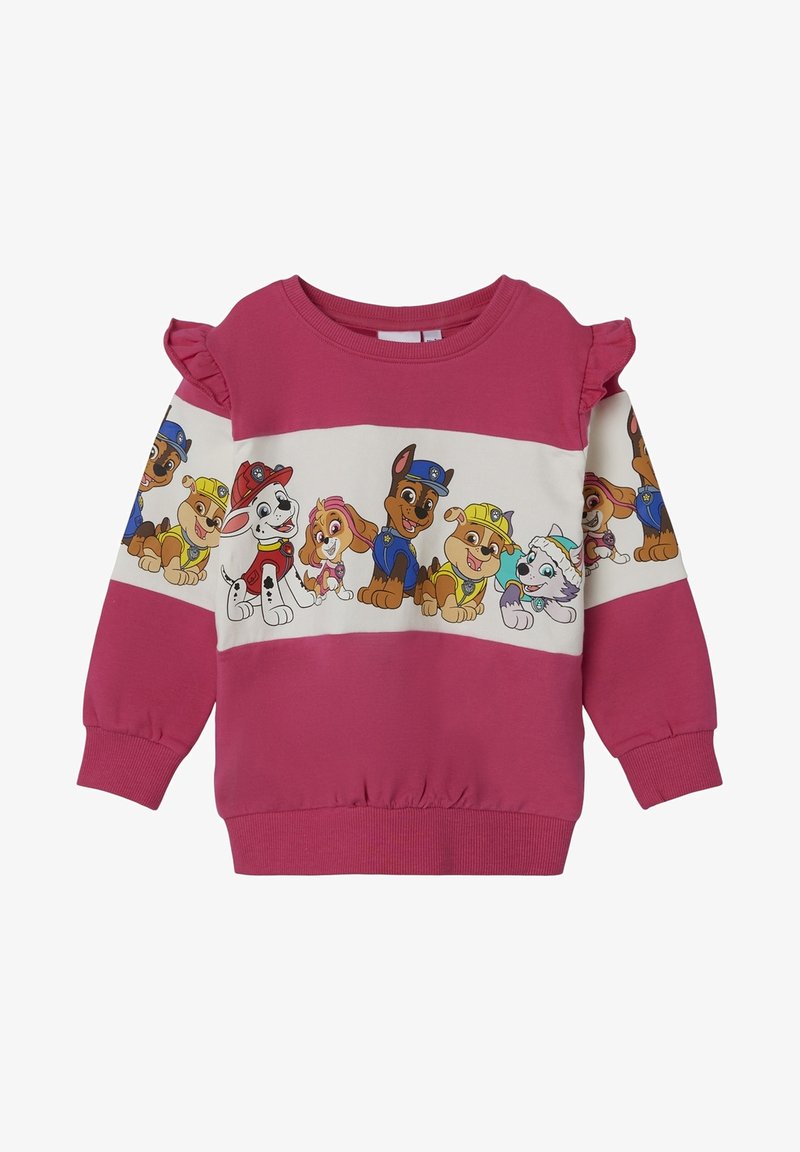 Sweat-shirt rose à manches longues pour enfants avec épaules volantées, avec une bande de personnages de Paw Patrol en uniformes bleu, jaune, rouge et blanc.