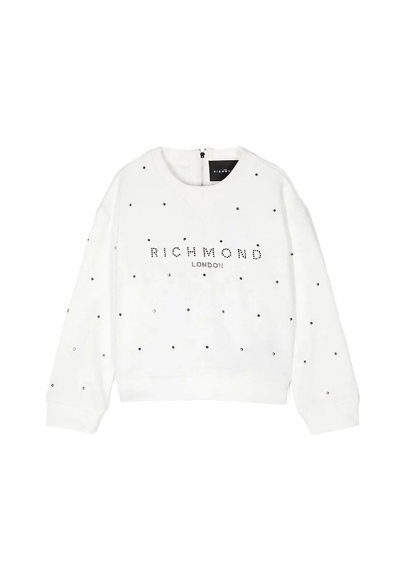 Felpa bianca con scollo a V, chiusura con zip e dettagli testurizzati con borchie nere. "RICHMOND LONDON" in lettere borchiate sul davanti.