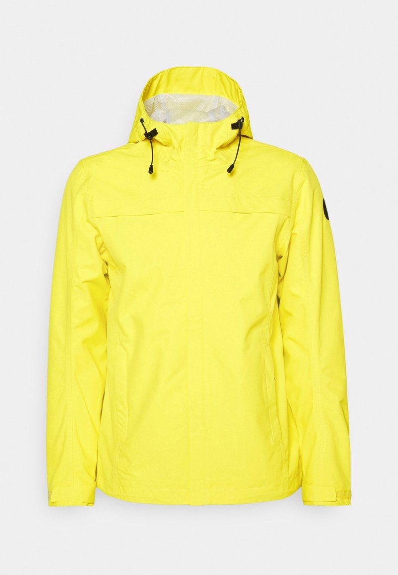 Veste de pluie jaune vif à capuche avec cordons réglables, manches longues, poches latérales et un patch circulaire noir sur le bras gauche.