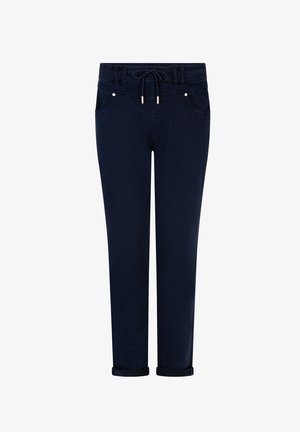 Marineblå afslappede bukser med snøre i taljen, forlommer, opsmøgede kanter og slank, lige ben pasform.