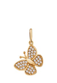 Złoty wisiorek w kształcie motyla, pokryty przezroczystymi kryształami, z teksturowanym ciałem i gładkimi skrzydłami, podkreślający delikatny design.