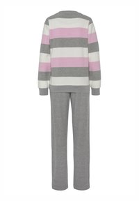 Two-piece lounge set featuring a long-sleeve, multi-striped top in gray, pink, and white, paired with solid gray tapered pants.