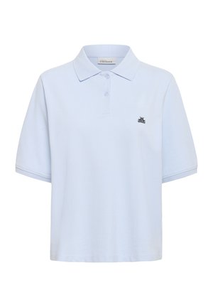 Light blue polo shirt made of cotton, featuring a classic collar, short sleeves, and a small black logo on the left chest.