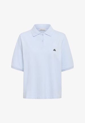 Light blue polo shirt made of cotton, featuring a classic collar, short sleeves, and a small black logo on the left chest.